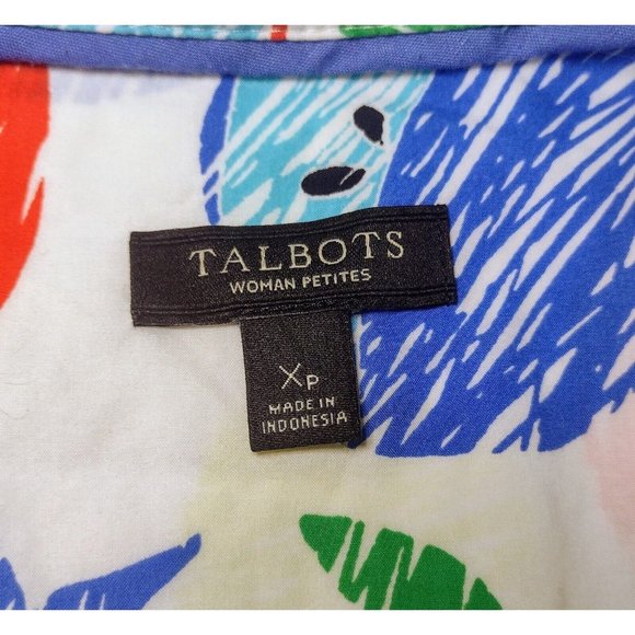 Talbots Apple Print Shirt Size XS Petite Roll Tab Sleeves Colorful Artsy Button - Picture 7 of 8